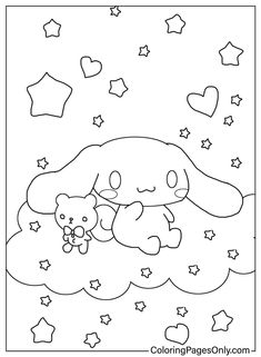 a black and white drawing of a teddy bear sleeping on a cloud with stars in the sky