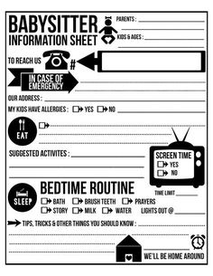 the babysitter information sheet is shown in black and white