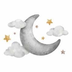 the moon and stars are flying in the sky with white clouds, gold stars on it