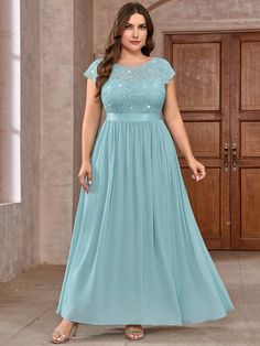 Plus Size Elegant Floral Sequin Lace Chiffon Hem Formal Party Maxi Dress Mint Blue Elegant  Cap Sleeve Lace Colorblock,Plain,All Over Print A Line Slight Stretch  Weddings & Events, size features are:Bust: ,Length: ,Sleeve Length: Modest Event Dress, Wedding Guest Gowns, Party Maxi Dress, 파티 드레스, Event Dress, Lace Chiffon, Formal Party Dress, فستان سهرة, Evening Wedding