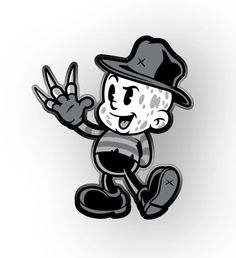 a black and white drawing of a boy in a hat holding his hand up to the side