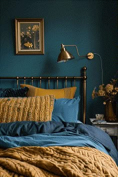 a bedroom with blue walls and gold bedding