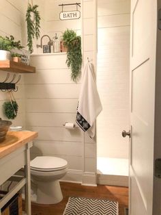 a bathroom with white walls and wood flooring has plants on the shelves above the toilet