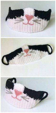 crocheted cat purse with black and white stripes on the bottom, pink nose