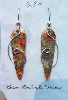 Handmade Metal Earrings, Cool Earrings Unique, Artsy Pierced Copper Earrings, Hand Painted Copper Artsy Earrings, Handmade Artistic Copper Earrings, Flame Painted Copper Jewelry, Unique Hand-painted Copper Jewelry, Unique Silver-colored Copper Earrings, Copper Earrings Handmade