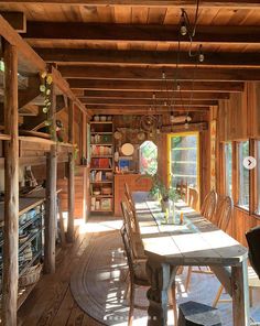 a table and chairs in a room with wooden walls