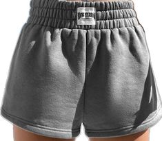 Athleisure Gray Shorts With Elastic Waistband, Gray Summer Bottoms With Letter Print, Gray Letter Print Shorts, Comfortable Gray Leisure Shorts, Leisure Gray Shorts With Built-in Liner, Gray High-waisted Shorts With Elastic Waistband, Gray Elastic Waistband Shorts For Loungewear, Gray High-waisted Cotton Shorts, Trendy Gray Relaxed Fit Shorts