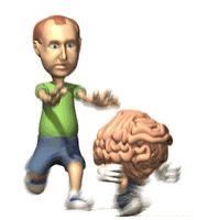 an animated image of a man standing next to a human brain and pointing at it