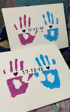 two handprints with numbers and hearts on them