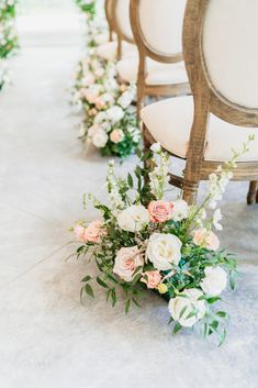 Blush florals details during ceremony Ceremony Aisle Floral Arrangements, Chair Arrangement Wedding Ceremony, Blush Pink Wedding Ceremony, Ceremony Chair Flowers, Wedding Aisle Floral Arrangements, Pink Aisle Flowers, Aisle Florals Wedding, Wedding Floral Arrangements Ceremony