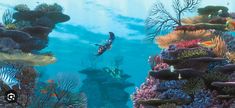 an underwater scene with fish and corals