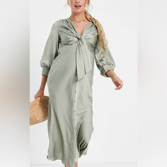 Satin Front Tie Maternity Dress In Light Green. Never Worn, Brand New And Tag Is Still Attached. No Defects. Satin Maternity Dress, Asos Maternity, Green Gown, Asos Curve, Dress Satin, Maternity Dress, Fashion Photoshoot, Button Detail, Pregnant Women