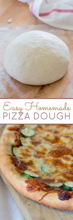 an easy homemade pizza dough recipe with zucchini and cheese on the top is shown