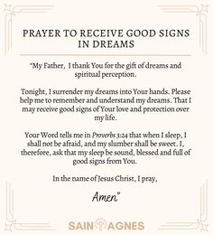 a prayer card with the words, prayer to receive good signs in dreams