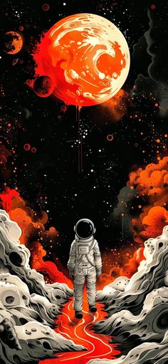 an astronaut standing in the middle of a red and white space with planets on it