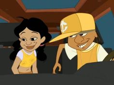 a cartoon character with a baseball cap on next to a woman in a yellow shirt