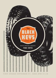 an advertisement for the black keys concert with tires and stripes on it, in white