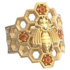 Made to order Bee Ring, Honeycomb Ring in 18k Solid Gold with natural Orange Spessartite Garnet, Italian Gold Jewelry made in Italy. This stunning honeycomb bee ring is made of solid gold and handcrafted in Italy. The ring features a honeycomb design with a central bee, and is available in 18k gold and features 6 natural orange spessartite garnets. The ring is dainty and elegant, and is perfect for everyday wear or for special occasions. Features: Made of solid 18k gold 6 natural orange spessart Honeycomb Ring, Italian Gold Jewelry, Bee Ring, Spessartite Garnet, Garnet And Gold, Honeycomb Design, Italian Art, Cocktail Rings, Beautiful Things