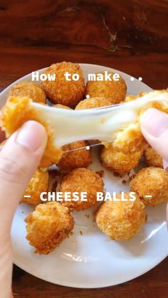 two hands holding a white plate with cheese balls on it and the words how to make cheese balls