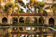 an ornate courtyard with water and palm trees in the foreground, surrounded by greenery