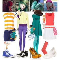 there is a collage of different outfits and shoes on this page, including one girl with green hair