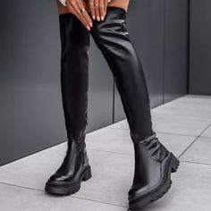 Vegan Leather Lug Sole Bottom Over The Knee Length Zipper Classic Boots Woman, Minimalist Boots, Mens Sandals Fashion, Combat Boots Men, Comfy Boot, Boot Pulls, Zipper Boots, Elegant Shoes, Boots Women Fashion