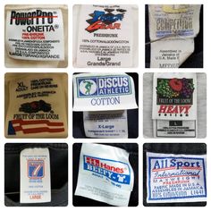 many different labels on the back of some clothing