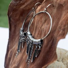 "Handmade oxidized sterling silver earrings  2.75\"(70mm) in length including ear wire and 1.18\"(30mm) in width. Each earring weighs approx 6 gr, total weight(pair) approx 12 gr. Very comfortable for all-day use!! The earrings have been oxidized with black oxidation to highlight the details. Each jewelry is totally hand-made, finished, and made to order. Allow for about 2-3 Days for the jewelry to be made. It comes gift wrapped and ready for giving! Back to the SHOP: https://www.etsy.com/shop/H Everyday Oxidized Hoop Jewelry, Silver Hoop Earrings With Oxidized Finish, Unique Silver Hoop Earrings With Oxidized Finish, Adjustable Oxidized Bohemian Hoop Earrings, Artisan Oxidized Hoop Earrings, Gunmetal Jewelry, Oxidized Silver Bracelet, Silver Braided Ring, Sterling Silver Chain Necklace