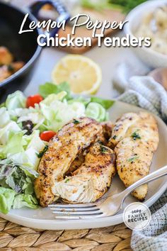 lemon pepper chicken tenders on a plate with salad