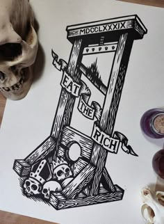 an ink drawing of a machine with skulls on it and the words eat the rich written in black