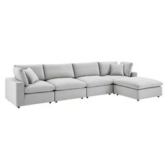 A haven for cozy relaxation, Commix features plush comfort, clean-lined design, and spacious profile, that makes an attractive statement in the modern home. Covered in stain-resistant performance velvet, this upholstered sectional sofa comes with a solid wood construction and foam padded and duck down cushions for a luxurious sink-in feel. Commix features overstuffed down feather cushions that offer a feeling of relaxation and calming comfort while lounging, making it the perfect addition to the living room, family room, or game room. Made for sprawling out or curling up, Commix beckons you and guests to sit and stay a while. Includes plastic foot glides. Weight Capacity Each Chair: 331 lbs. Set Includes: One - Commix Down Filled Overstuffed Ottoman Two - Commix Down Filled Overstuffed Arm Transitional Sectional Sofas, Light Gray Sofas, Velvet Sectional, Sectional With Ottoman, Grey Sectional, Modern Sofa Sectional, Sofa Online, Modular Sectional Sofa, Upholstered Sectional