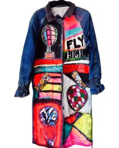 a colorful jacket with patches on the front and back, featuring an image of a hot air balloon