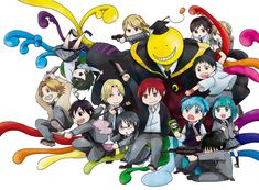 an image of anime characters surrounded by colored streamers