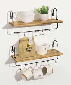 two wooden shelves with coffee cups and mugs hanging from them, one shelf is made out of wood and the other has metal hooks