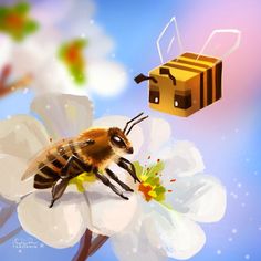 a bee flying over a white flower with a honey in it's mouth