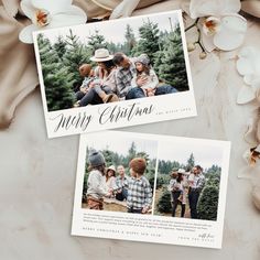 two christmas cards with the words merry christmas on them and three pictures of people in plaid shirts