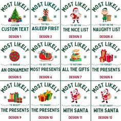 twelve christmas labels with santa claus and presents