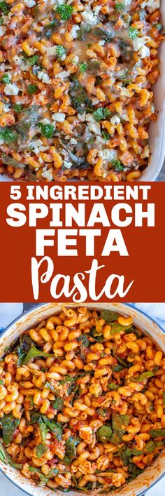 three different types of spinach feta pasta in pans with text overlay