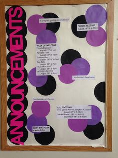 a bulletin board with purple and black circles on it