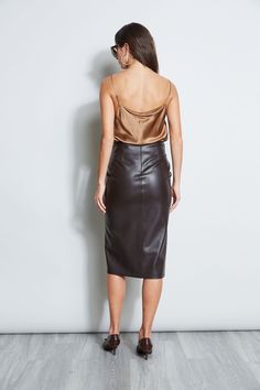 Chic Fall Evening Pencil Skirt, Chic Evening Pencil Skirt For Fall, Chic Evening Pencil Skirt, Sleek Pencil Skirt For Fall Party, Leather Midi Pencil Skirt For Night Out, Chic Brown Bottoms For Evening, Chic Leather Pencil Skirt For Night Out, Chic Leather Pencil Skirt For Party, Midi Pencil Skirt For Date Night In Fall