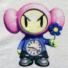 an image of a cartoon character holding a flower and balloon with the time on it's face