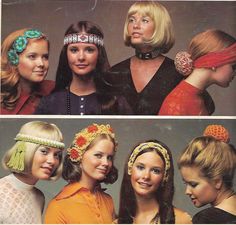 three pictures of women wearing headbands with different hairstyles and hair accessories