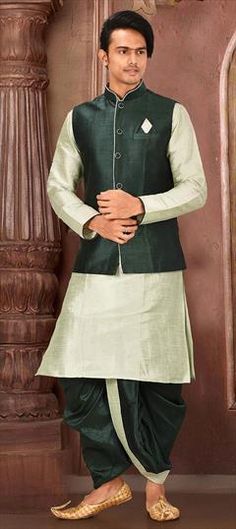 Green color Dhoti Kurta with Jacket in Art Dupion Silk fabric with Thread work Green Nehru Jacket With Pallu, Green Nehru Jacket For Festivals With Traditional Drape, Kurta With Jacket, Dupion Silk, Color Art, Thread Work, Super Sale, Silk Fabric, Colorful Art