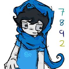 a drawing of a person wearing a blue hoodie and scarf with numbers on it