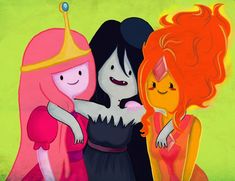 three cartoon characters standing next to each other in front of a green background with orange and pink hair