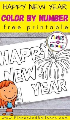 a happy new year coloring page with the words happy new year and fireworks on it