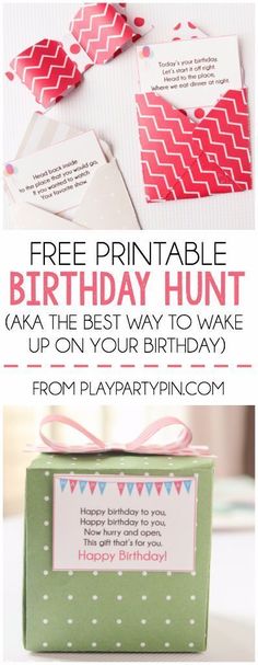 a birthday card with the words free printable birthday hunt on it and an image of a