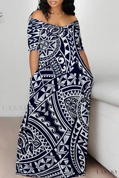 Lasaky - Boho Luxe Off Shoulder Short Sleeve Tunic Dress Casual Maxi Dress With Geometric Pattern For Beach, White Geometric Pattern Dress For Vacation, Casual Dresses With Geometric Pattern, Blue Dress With Geometric Pattern For Vacation, Fitted Maxi Dress, Off Shoulder Maxi Dress, Maxi Tops, Graphic Tee Dress, Bohemian Print