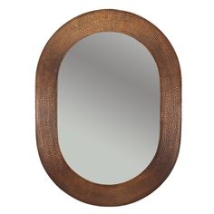 an oval mirror with a brown frame and textured pattern on the rim, against a white background