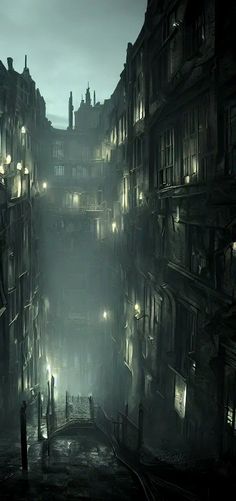 a dark alley way with buildings and street lights at night in the foggy city